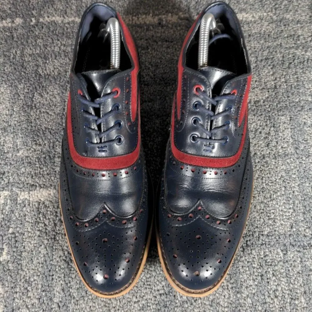 Cavani Men Ethan Brogue Navy Wine Leather Suede Oxford Wing Tip Dress Shoes US 8